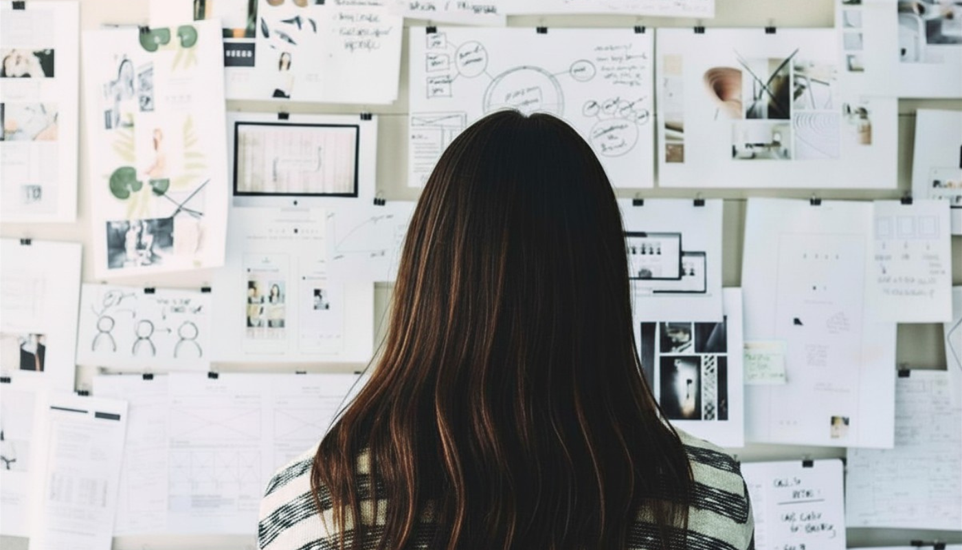 Woman standing in front of a wall covered with notes, sketches, and planning documents, reviewing ideas and strategy concepts.
